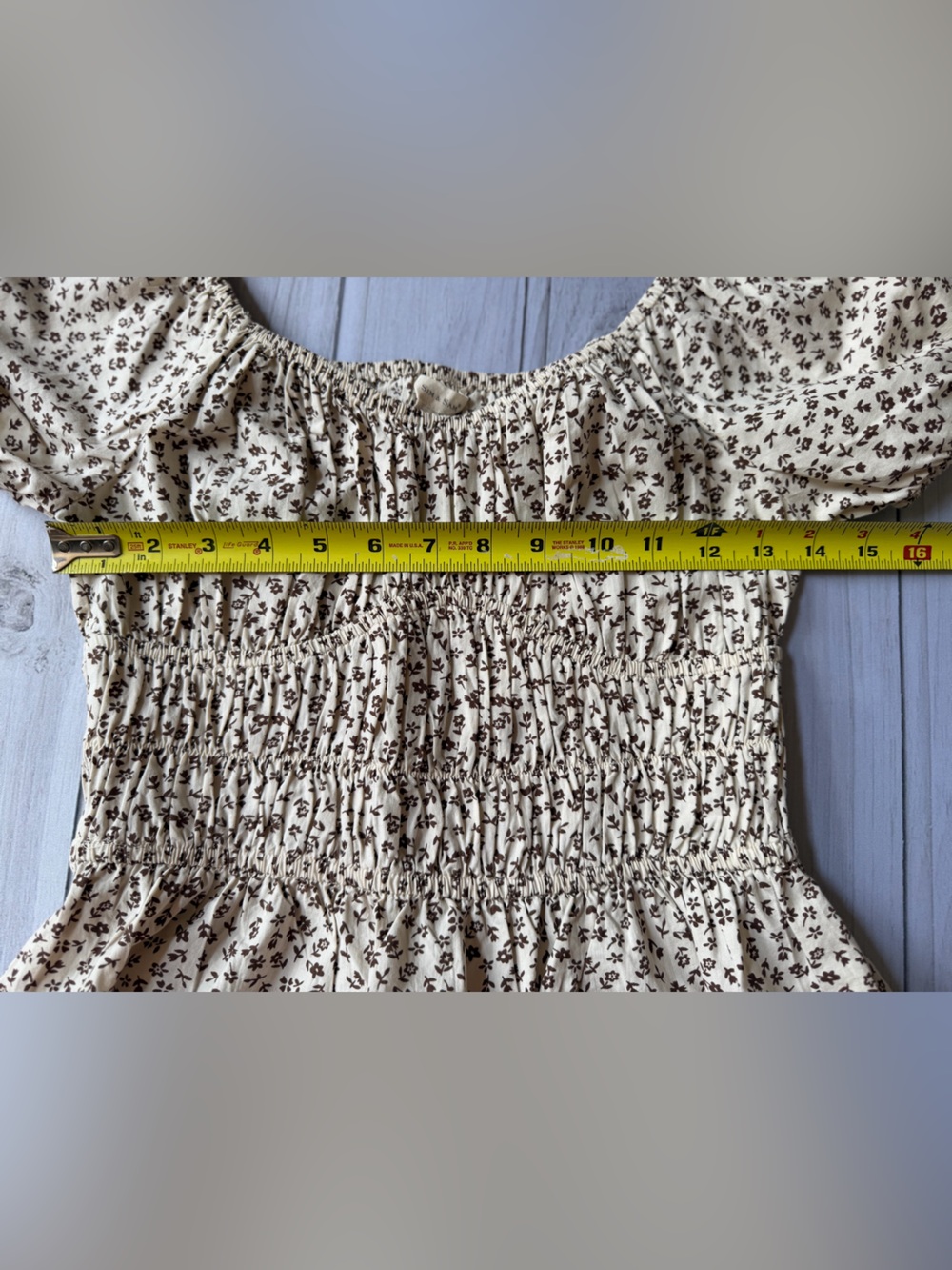 Sim & Sam cream brown floral milkmaid puff sleeve smocked bodice blouse. Medium - Picture 12 of 14